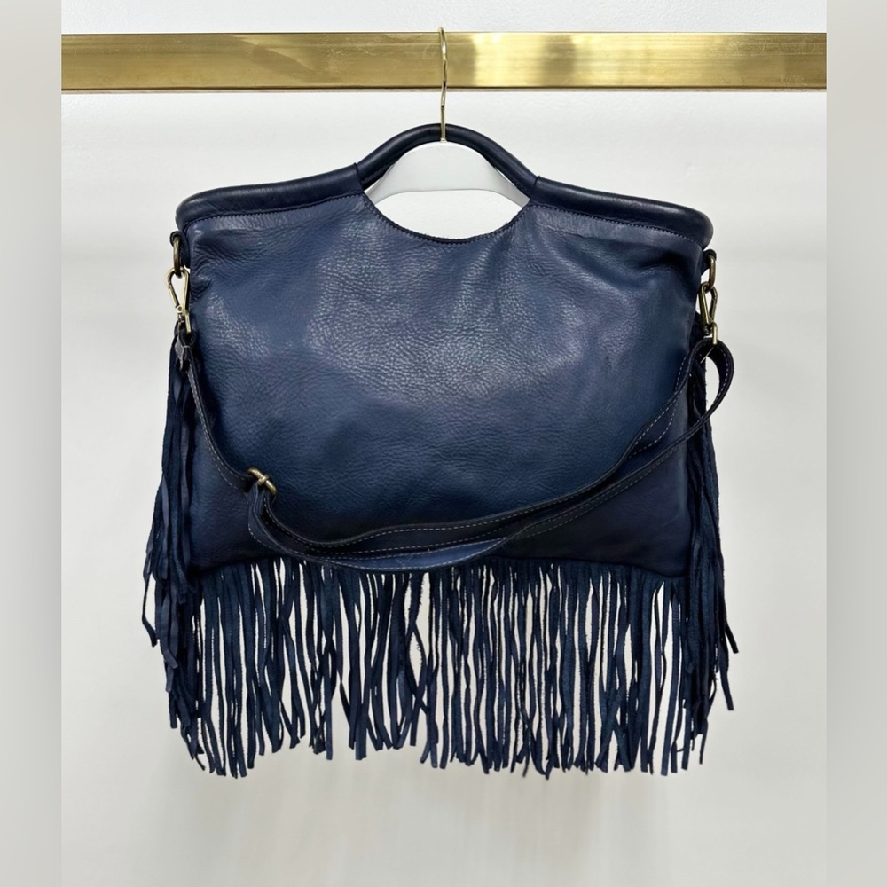 (086-NVY) FRINGE LEATHER HANDBAG WITH SHOULDER STRAP - Picture 2 of 5